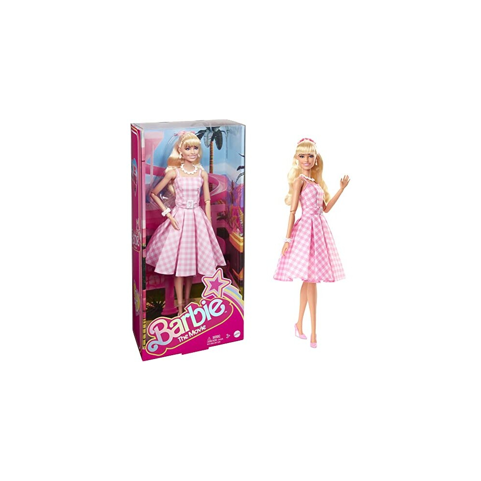 Barbie The Movie Doll, Margot Robbie as Barbie, Collectible Doll Wearing Pink and White Gingham Dress with Daisy Chain Necklace, HPJ96