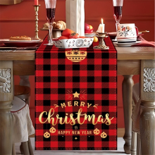 1pc Polyester Table Runner Merry Christmas Table Runner Red Plaid Santa Claus Pattern Table Cover Christmas Atmospheric Table Runner Holiday Desktop D