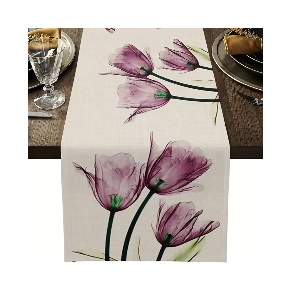 1pc Floral Purple Table Runner Spring Tulip Non Slip Dining Table Runner Farmhouse Burlap Dresser Scarves For Kitchen Coffee Wedding Holiday Party Tab