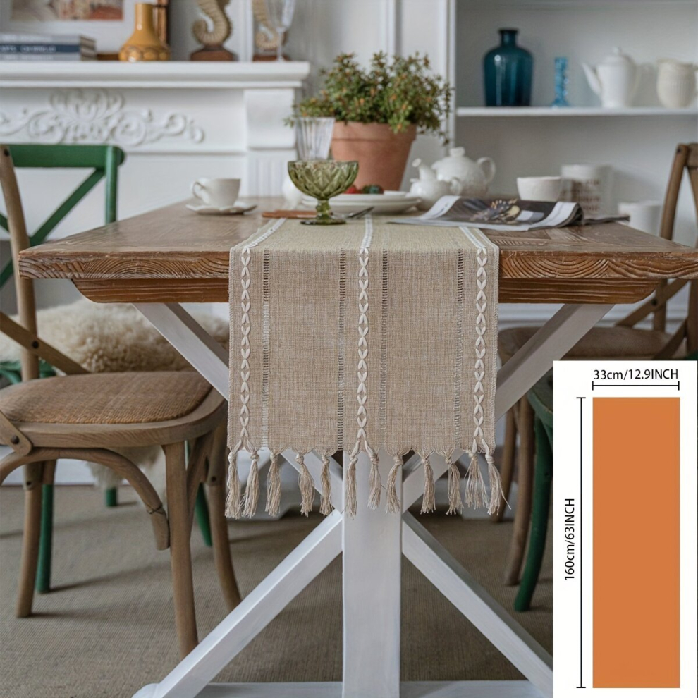 1pc Polyester Table Runner Multiple Khaki Jacquard Geometric Table Cover Style Table Runner With Tassel Holiday Desktop Decoration Fabric Table Runner-image-OPC-PCP5J6Z-NEW