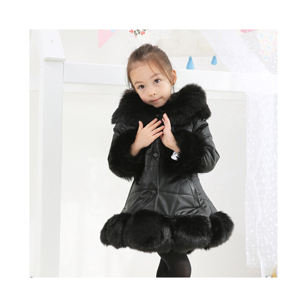 (  Black,   6-7 Years) Girls Kids Padded Quilted Winter Coat Jacket Fur Hooded Long Pu Leather Parka