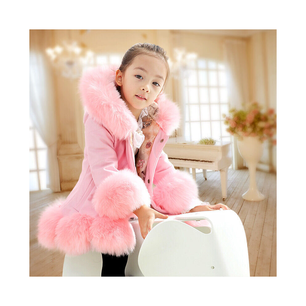 (  Pink,   9-10 Years) Girls Kids Padded Quilted Winter Coat Jacket Fur Hooded Long Pu Leather Parka