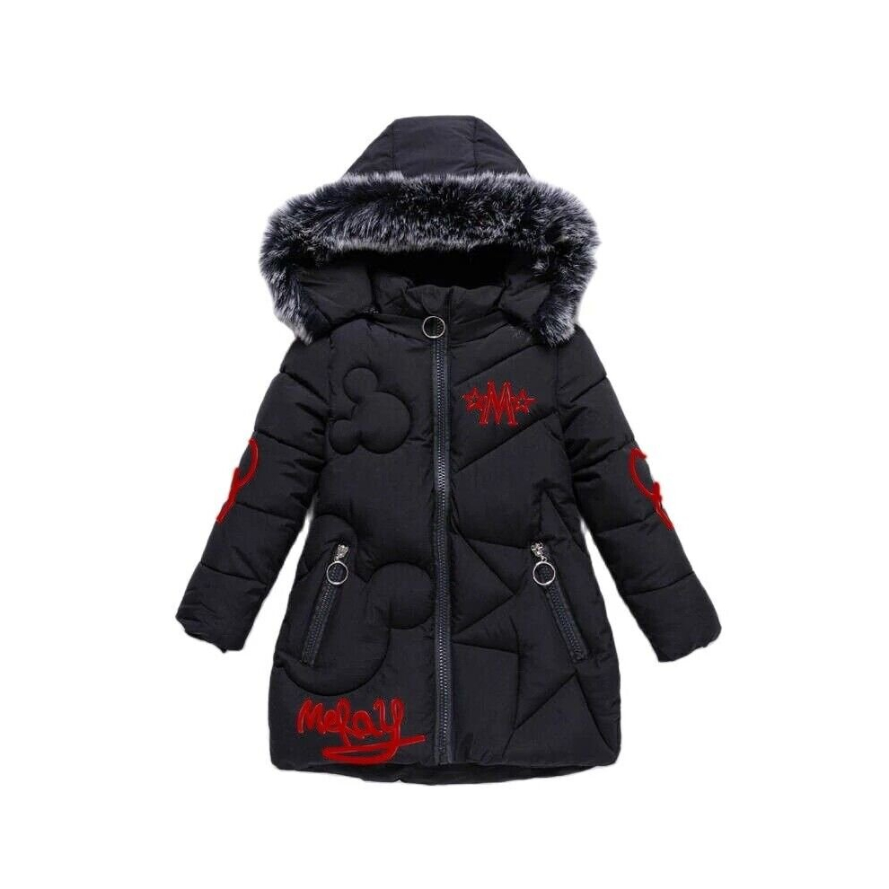 (  Black,   7-8 Years (130)) Girls Thick Coats Kids Hooded Padded Thick Parka Long Fur Warm Jacket Winter