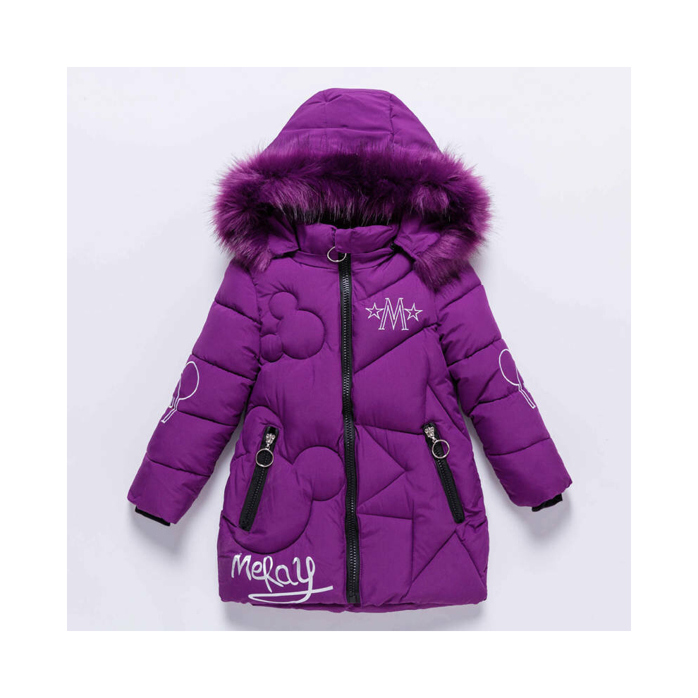 (  Purple,   7-8 Years (130)) Girls Thick Coats Kids Hooded Padded Thick Parka Long Fur Warm Jacket Winter
