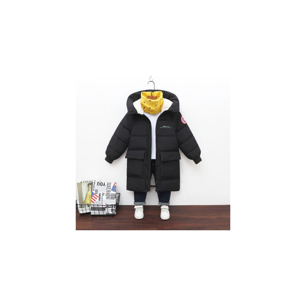 (  Black,   130cm?6-7years?) Kids Boys Girls Long Sleeve Padded Coat Parka Hooded Winter Warm Jackets Outwear