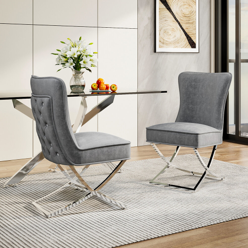 Living And Home (Grey) Set of 2 High Back Velvet Dining Chairs