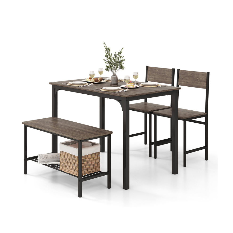 4pcs Industrial Dining Table & Chair Set w/ Shelf 2 Chairs & 1 Bench