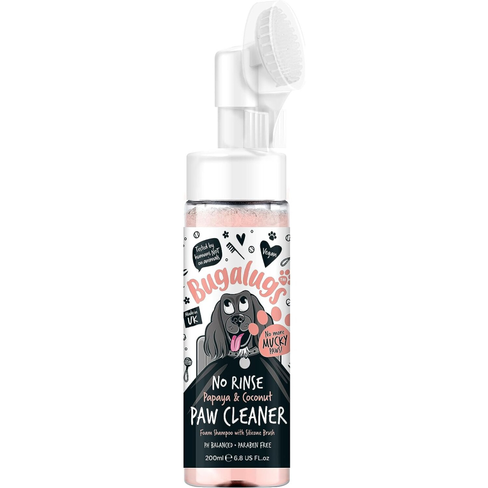 Bugalugs Dog Paw Cleaner No Rinse Foam Cat & Dog shampoo with Silicone Brush Head, waterless grooming products.  (Papaya & Coconut)