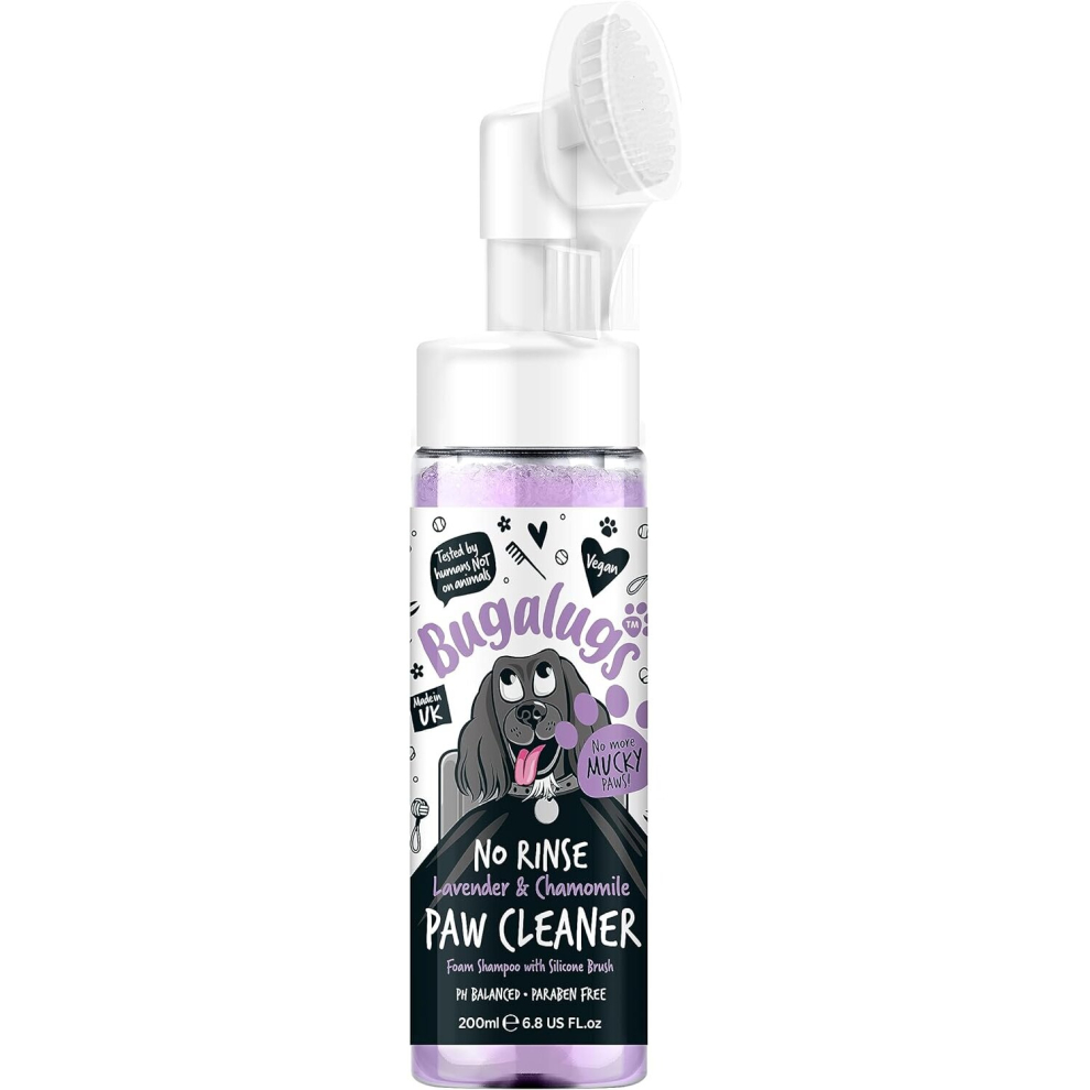 Bugalugs Dog Paw Cleaner No Rinse Foam Cat & Dog shampoo with Silicone Brush Head, waterless grooming products. Travel friendly (Lavender & Chamomile)