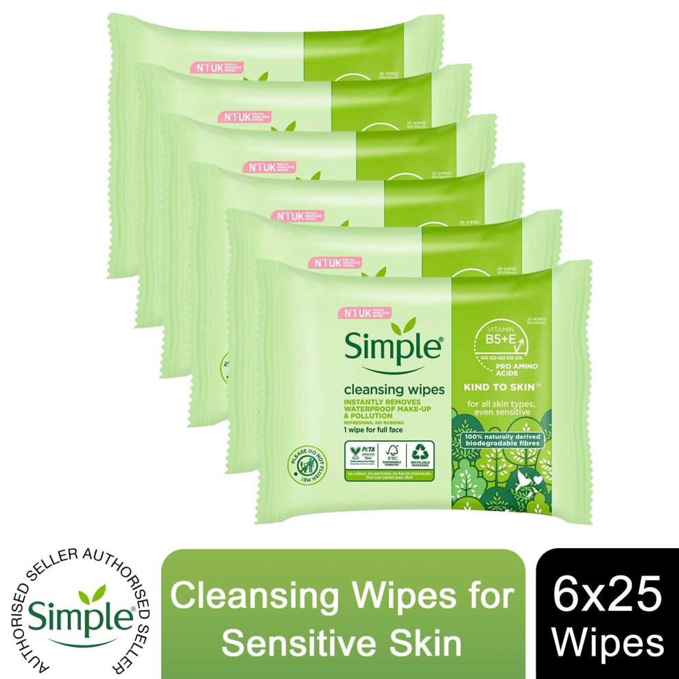 (6 x 25 Wipes Simple Kind to Skin Cleansing Wipes For Sensitive Skin) Simple Kind to Skin,Wipes For Sensitive Skins