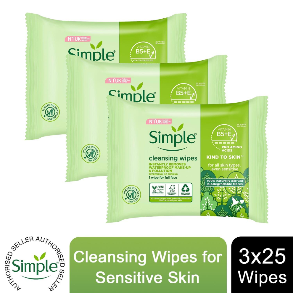 (3 x 25 Wipes Simple Kind to Skin Cleansing Wipes For Sensitive Skin) Simple Kind to Skin,Wipes For Sensitive Skins