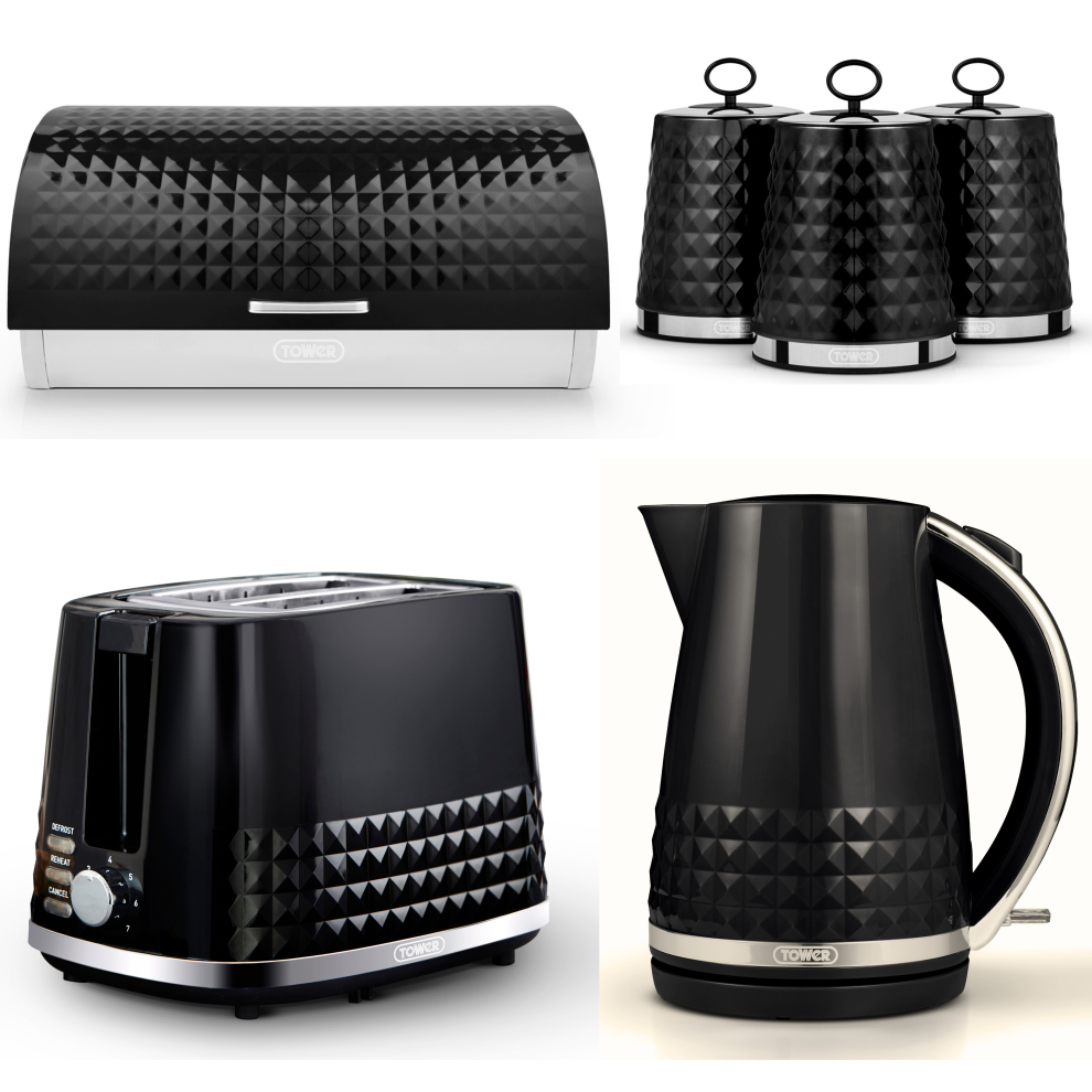 Tower Solitaire Black Kettle 2 Slice Toaster Bread Bin & Canisters Set