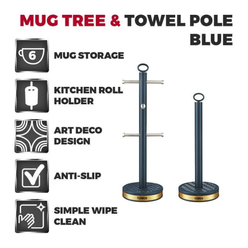 Tower Tower Kitchen Empire Midnight Blue Kitchen Roll Towel Pole and 6 Cup Mug Tree 1