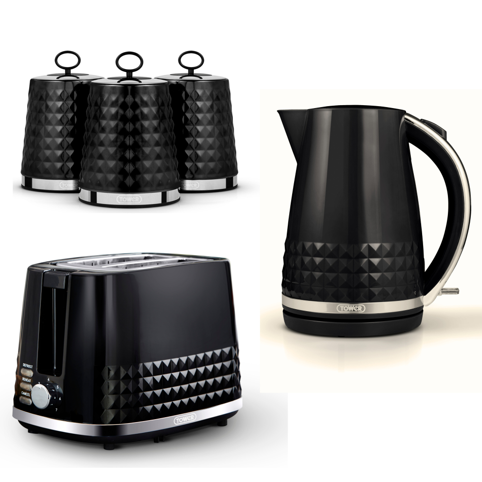 Tower Solitaire Kettle 2 Slice Toaster & Canisters Set in Black/Chrome