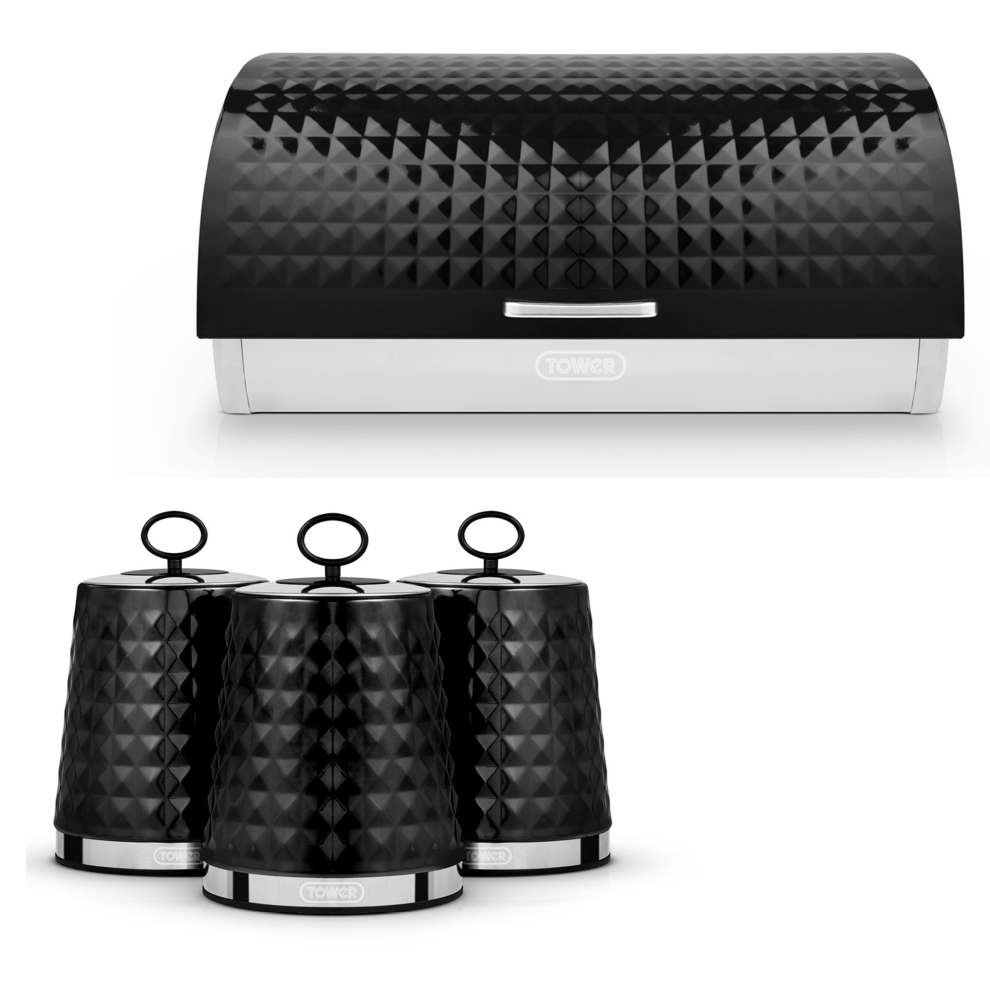 Tower Solitaire Black Bread Bin & Canisters Kitchen Storage Set