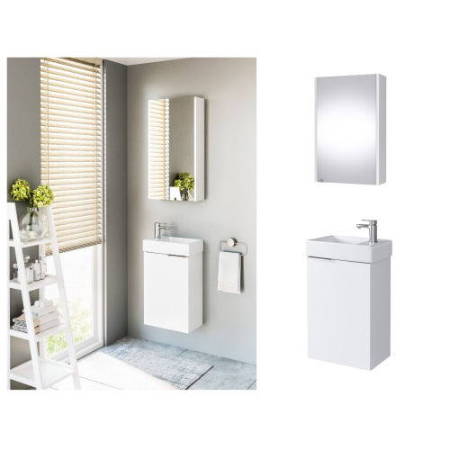Bathroom Unit Set 400mm Vanity Unit Wall Basin Mirror White Gloss Avir