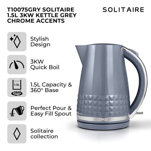 Tower Tower Solitaire Grey Kettle 2 Slice Toaster Bread Bin & Canisters Set 1