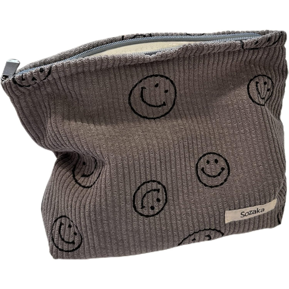 Tianci Gray Cosmetic Bags For Women - Corduroy Cosmetic Bag Aesthetic Women Handbags Purses Smile Dots Makeup Organizer Storage Makeup Bag Girls Case Bags (Gray)