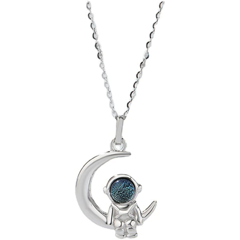 Astronaut Crescent Moon Blue Galaxy Tiny Pendant Choker Necklace for Women Teen Girls S925 Sterling Silver Dainty Cute Chain Fashion Jewelry