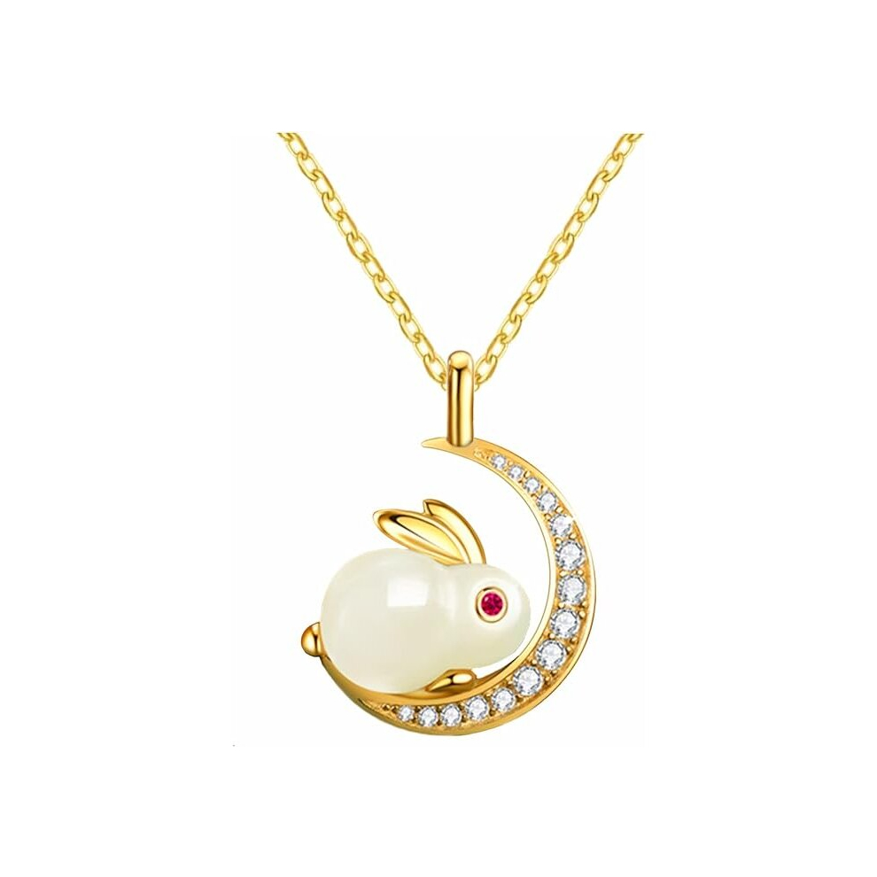 B&D 2023 New Year of Rabbit Cute Jade Bunny Rabbit On The Moon Pendant Easter Necklace Valentine's Day Gift Idea for Her Necklace for Women Teen Girls