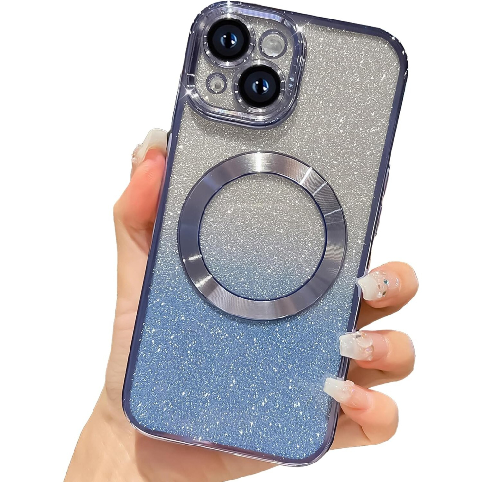 iPhone 15 Case Glitter Magnetic Compatible with MagSafe Full Camera Lens Protection Luxury Plating Cute Bling Clear Phone Case for Women,Blue