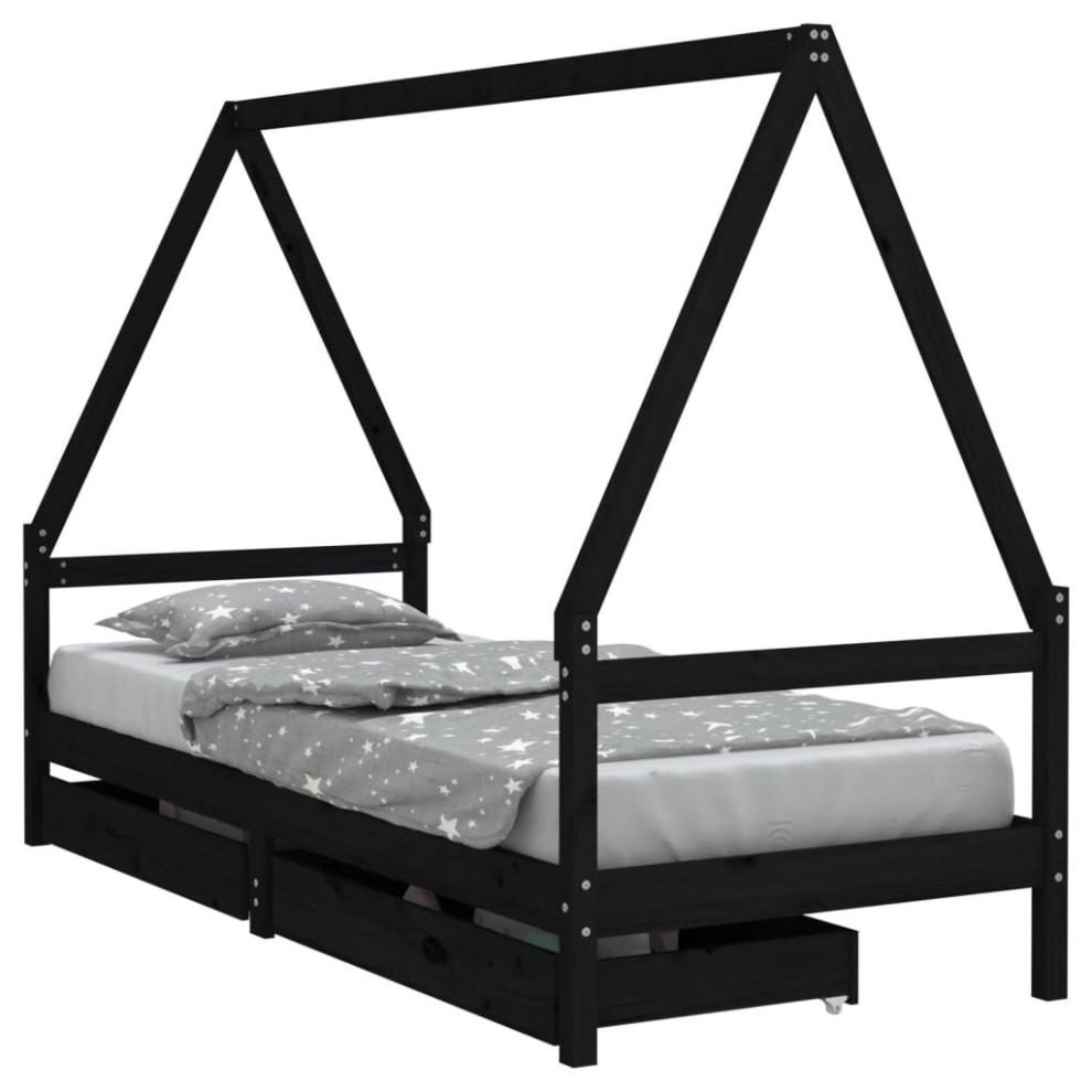 Vidaxl (Black, 90 X 200 Cm) Kids Bed Frame With Drawers Bed Base Children's Bed Solid Wood Pine