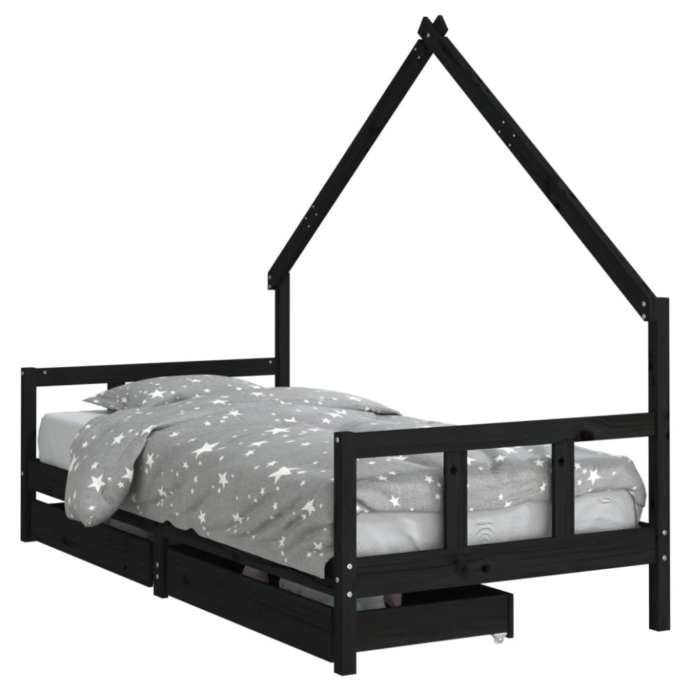 Vidaxl (Black, 90 X 200 Cm) Kids Bed Frame Bedstead Bed Base With Drawers 90X190 Cm Solid Wood Pine