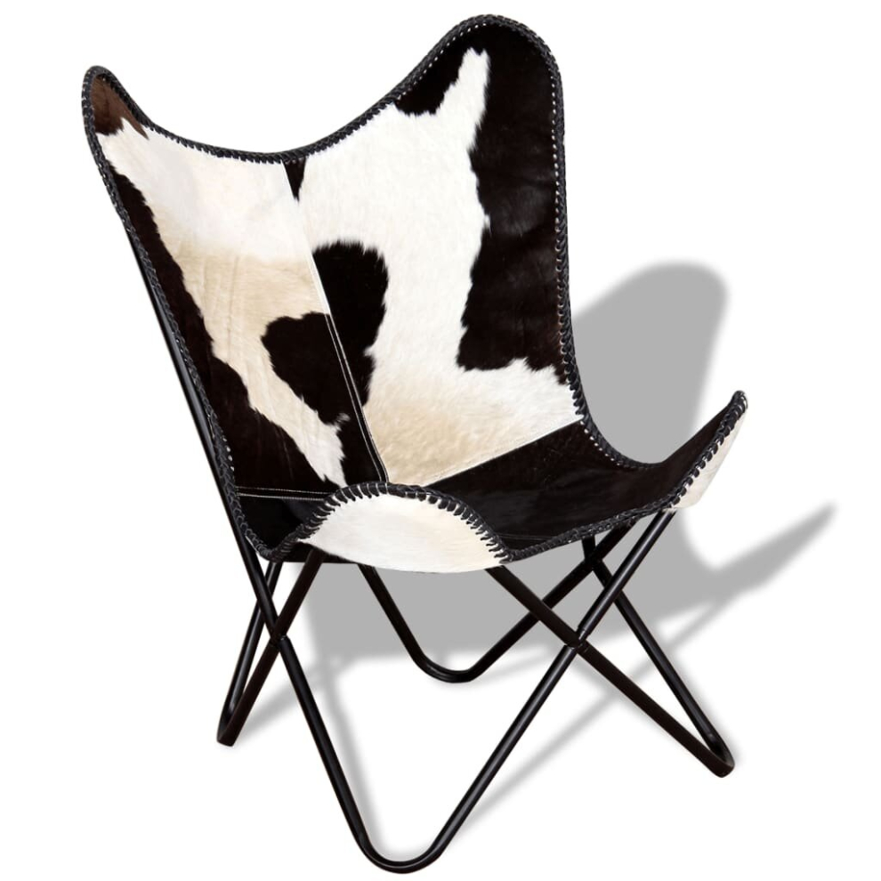 vidaXL Butterfly Chair Camping Chair Black and White Real Cowhide Leather