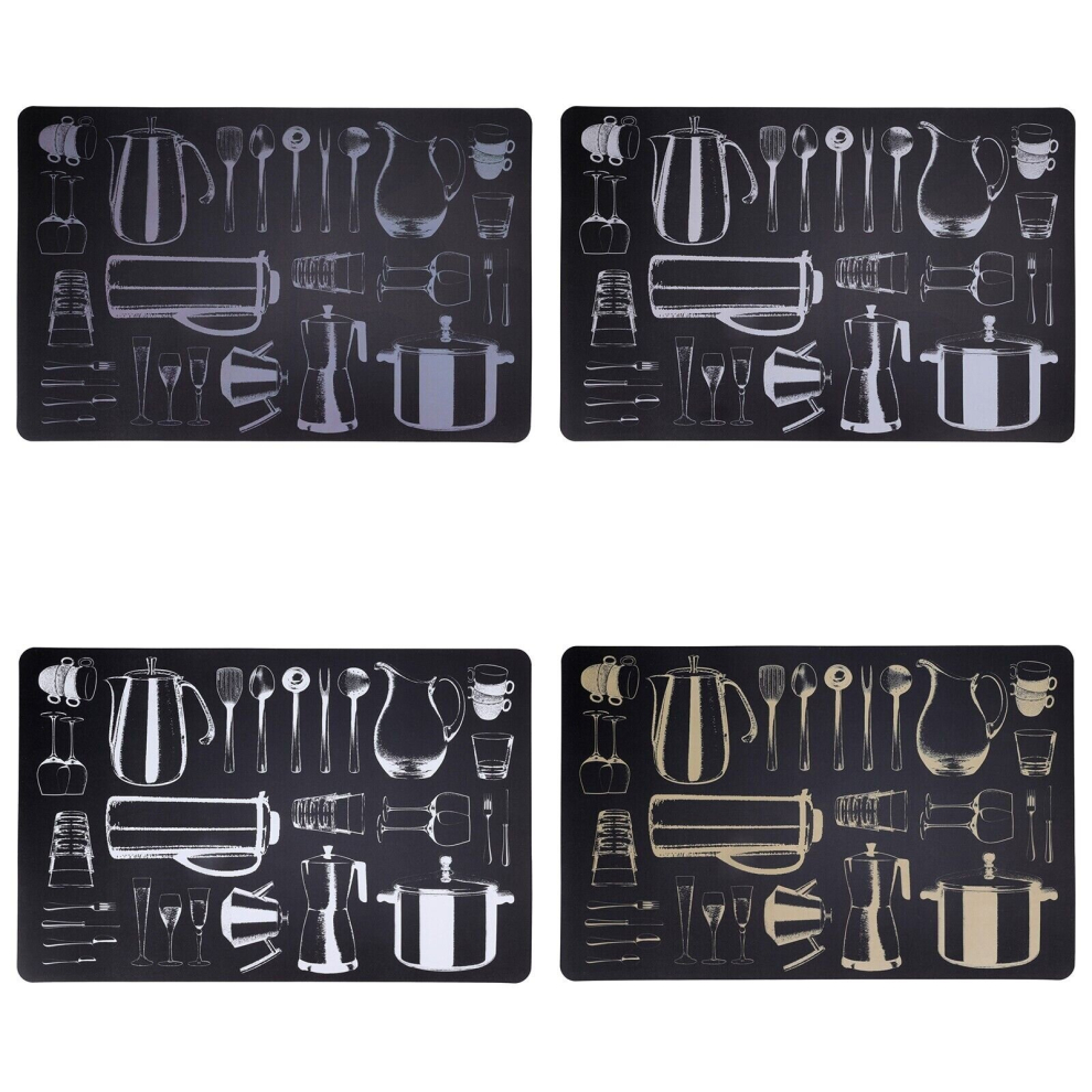 Set of 4 Black Placemats Retro Vintage Sketch Kitchen Dining Place Mat
