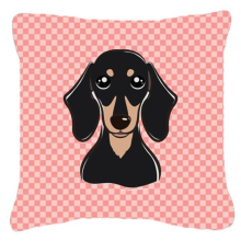 Checkerboard Pink Smooth Black And Tan Dachshund Fabric Decorative Pillow- 18 x 18 In.