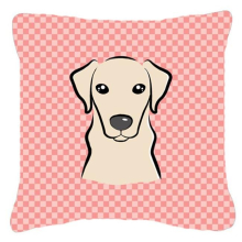 Checkerboard Pink Yellow Labrador Fabric Decorative Pillow - 14 x 14 In.