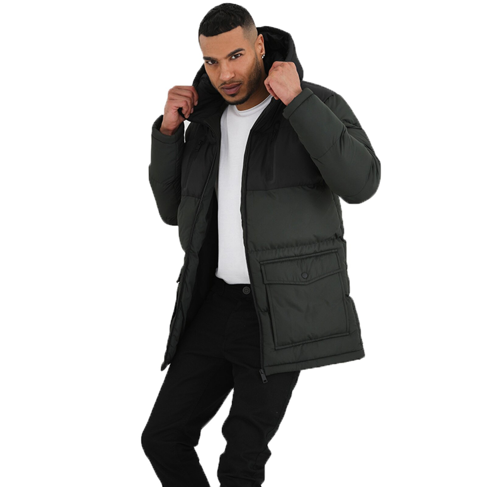 (Black Khaki, XL) Mens Hooded Padded Full Zip Up Quilted Jackets