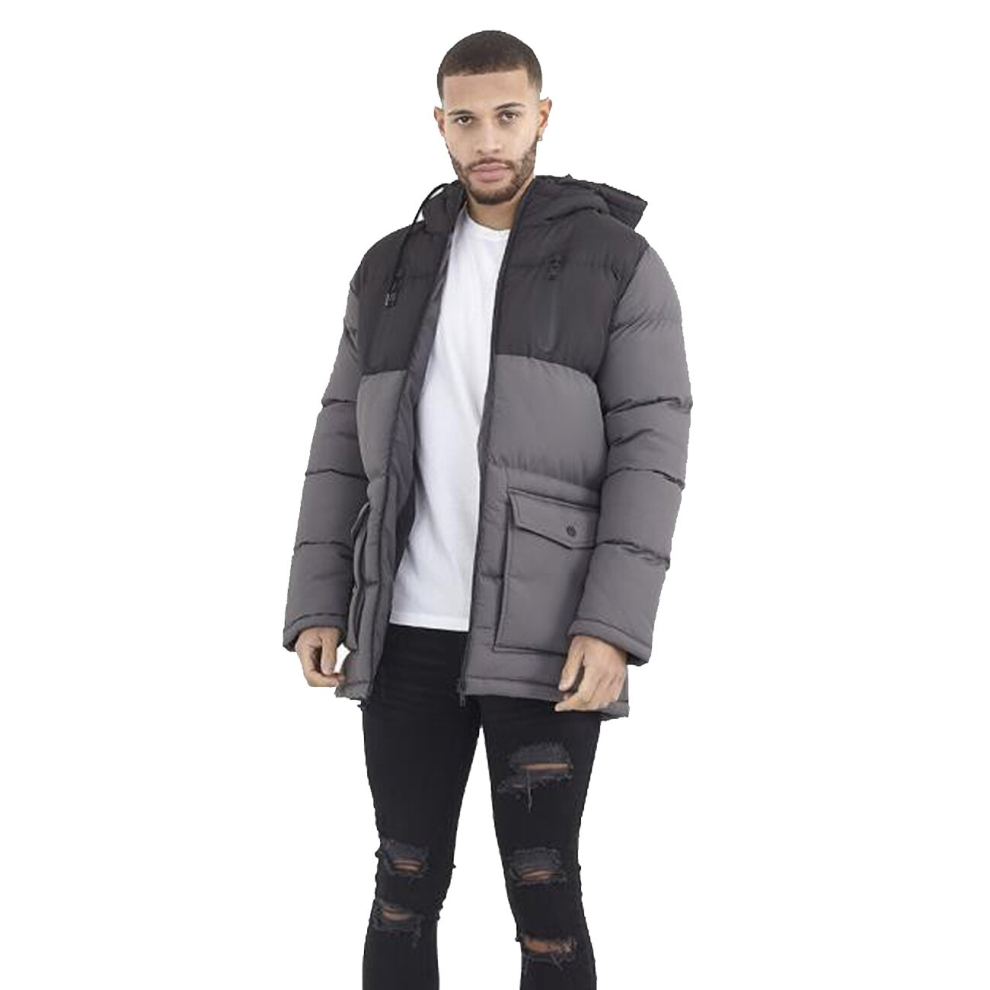 Brave Soul (Black Grey, Xl) Hooded Padded Full Zip Up Quilted Jackets Men's Black,Grey