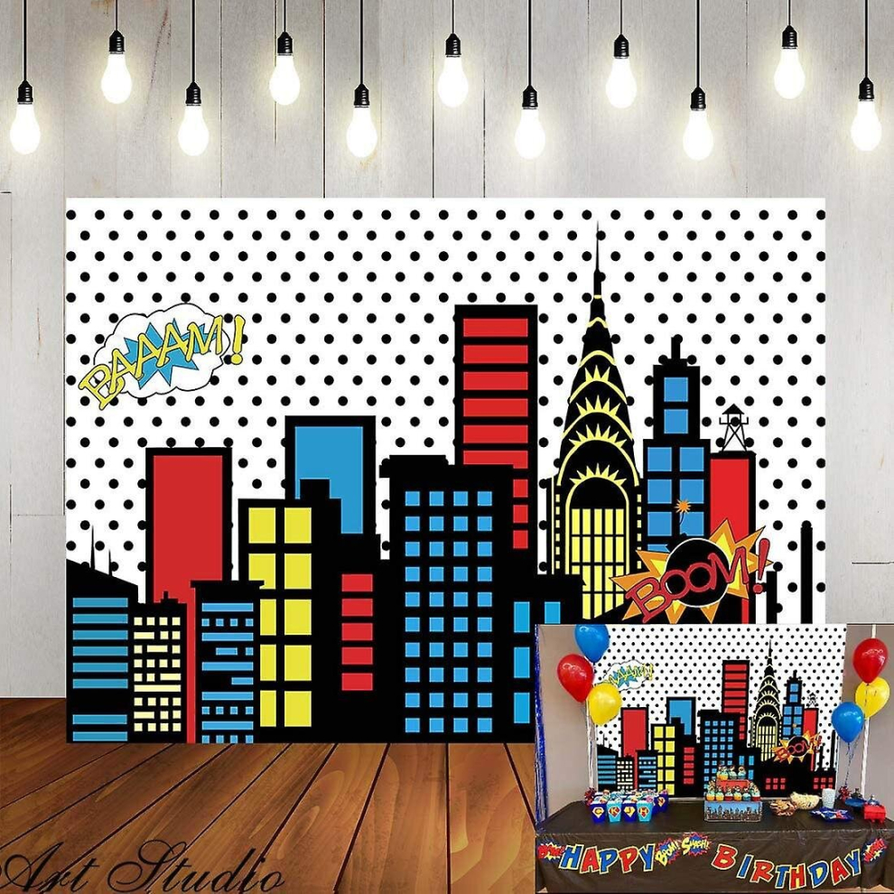 5X3ft Superhero Super City Photography Backdrops Skyline Buildings City Boom Photo Background Children Birthday Party Banner Photo Studio Booth Cake T 9352969053711