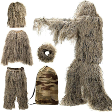 (Brown, 1.6m) 5 In 1 Ghillie Suit, 3d Camouflage Hunting Apparel Including Jacket, Pants, Hood, Carry Bag