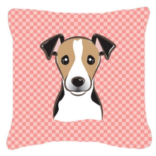Checkerboard Pink Jack Russell Terrier Fabric Decorative Pillow- 18 x 18 In.
