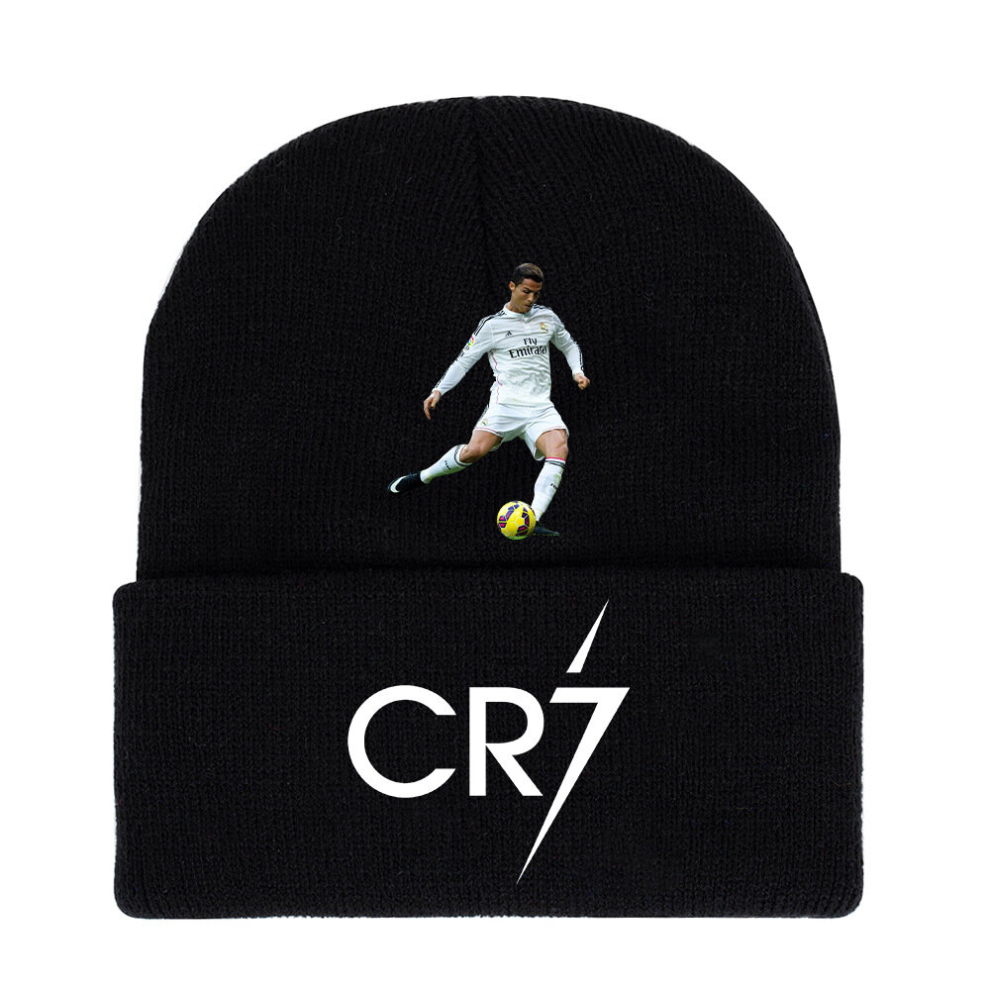 (StyleA) Knitted Ronaldo Cristiano Black Cap Cr7 Printed Hat Warm Daily Wear Gifts Fans