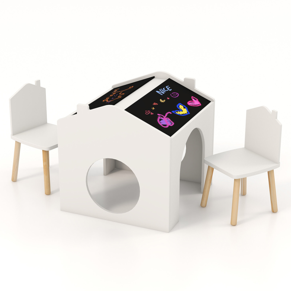 Casart 3 Pcs Kids Table Chair Set W/Desktop Chalkboards Children Activity Table White