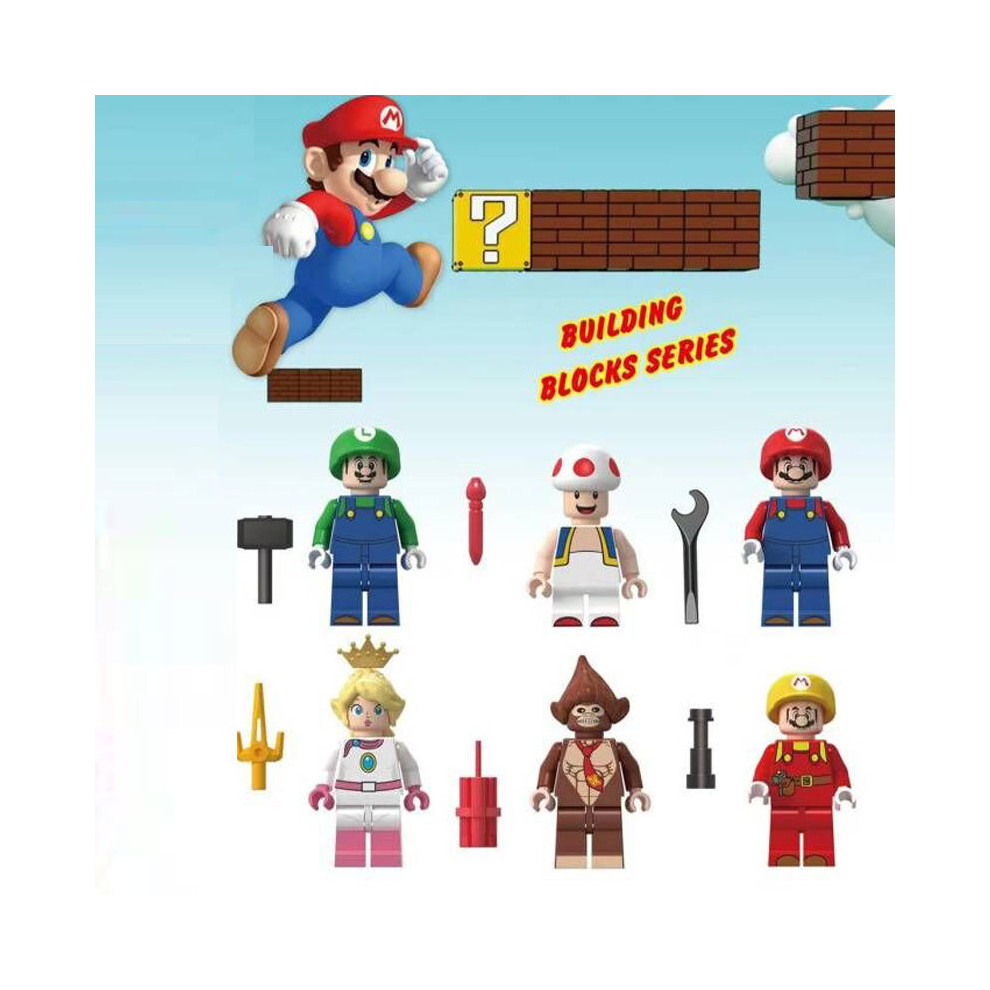 6pcs Super Mario Luigi Peach Princess Mushroom Mini Figures Building Blocks Fits Lego Kids Best Gift