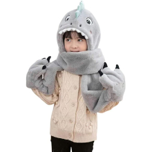 Kids Hat Gloves Scarf 3 In 1 Set Winter Plush Cartoon Dinosaur Hoodie Gloves Pocket Warm Earflap Full Hood Hats Long Scarf Shawl Wraps Mittens For Gir