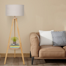 Tripod Floor Lamp Lounge Reading Light with Storage Shelf Linen Shade Beige