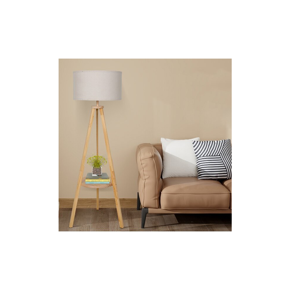 Tripod Floor Lamp Lounge Reading Light with Storage Shelf Linen Shade Beige