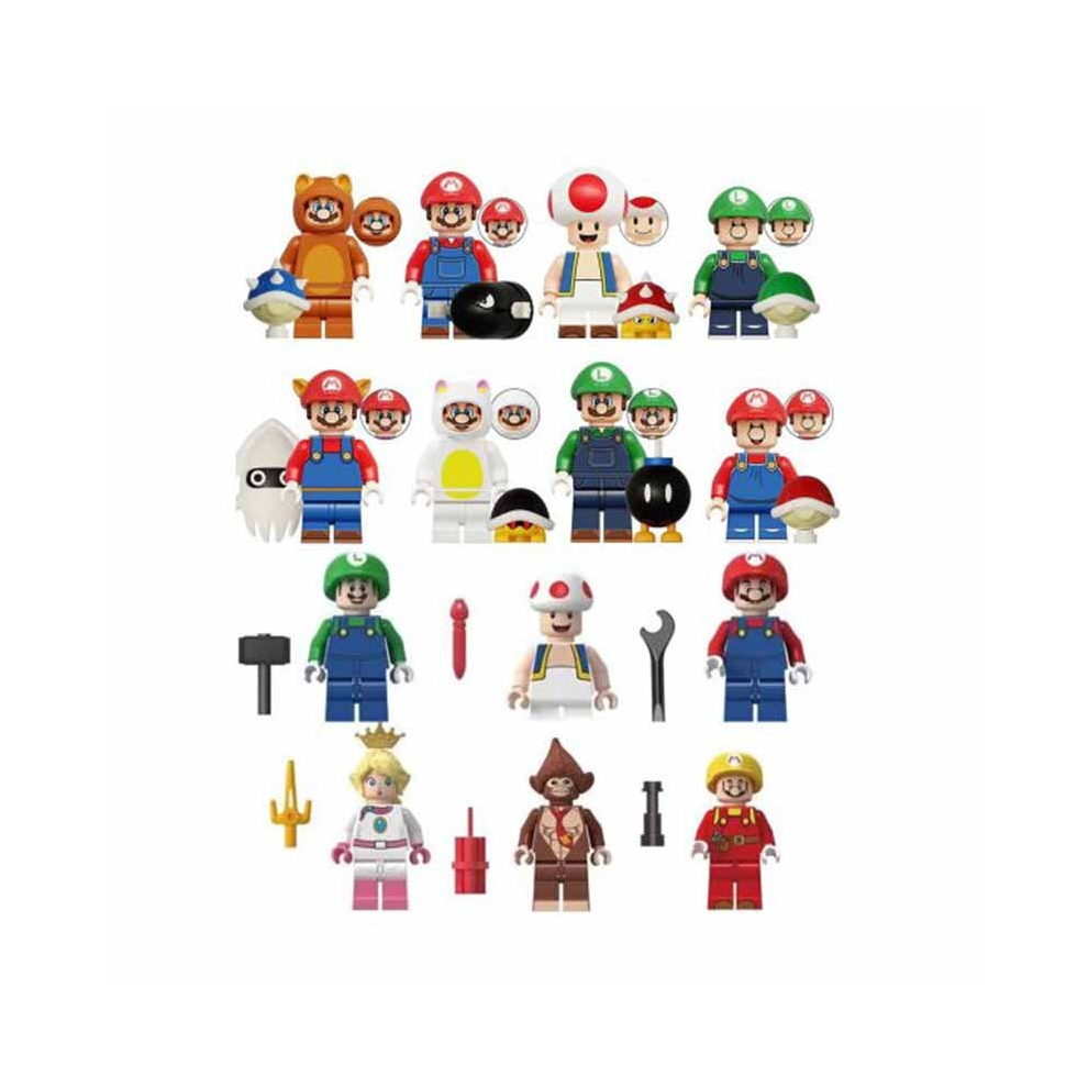 (Style F 14PCS) Super Mario Luigi Peach Princess Mushroom Mini Figures Building Blocks Characters Fits Lego Kids Best Gift