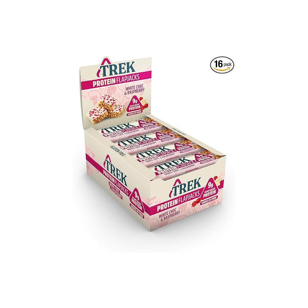 TREK High Protein Flapjack White Chocolate Raspberry - Gluten Free - Plant Based - Vegan Snack - 50g x 16 bars