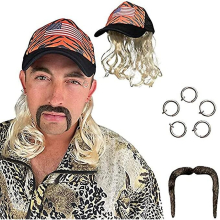 Tiger King Costume Set Gold Wig With Hat, Clip Earrings And Mustache - Suitable For Kids And Adults, Gold Mullet Themed Party Halloween Cosplay Wigs F