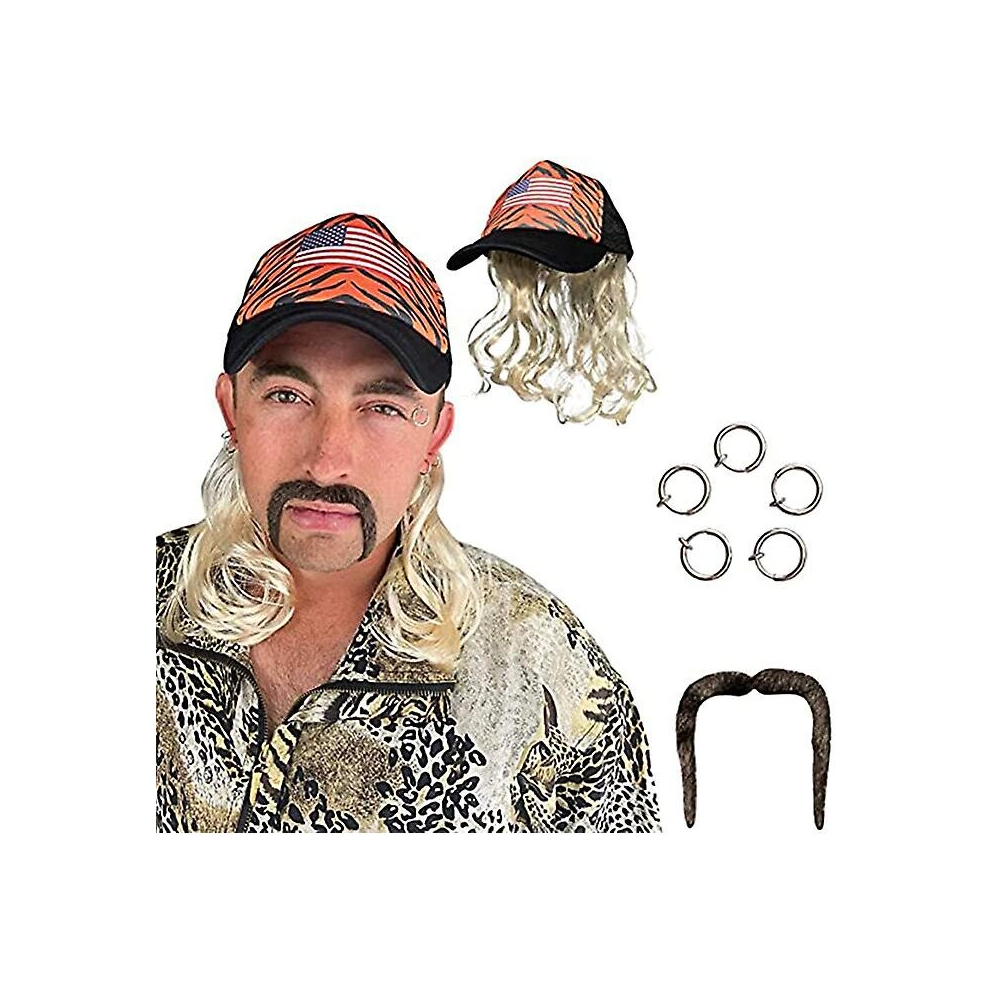 Tiger King Costume Set Gold Wig With Hat, Clip Earrings And Mustache - Suitable For Kids And Adults, Gold Mullet Themed Party Halloween Cosplay Wigs F
