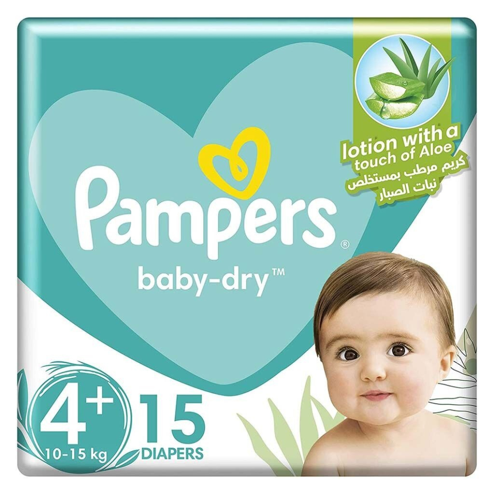 Pampers Baby-Dry Diapers With Aloe Vera Lotion & Leakage Protection, Size 4+, For 10-15 Kg Baby, Pack Of 15'S