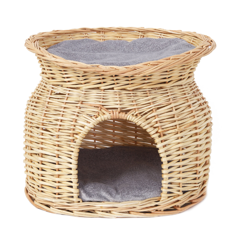 (Beige) 2 Layers Wicker Cat Basket Pet Bed Play House