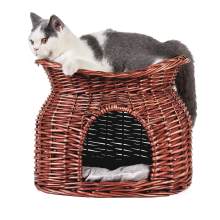 (Brown) 2 Layers Wicker Cat Basket Pet Bed Play House