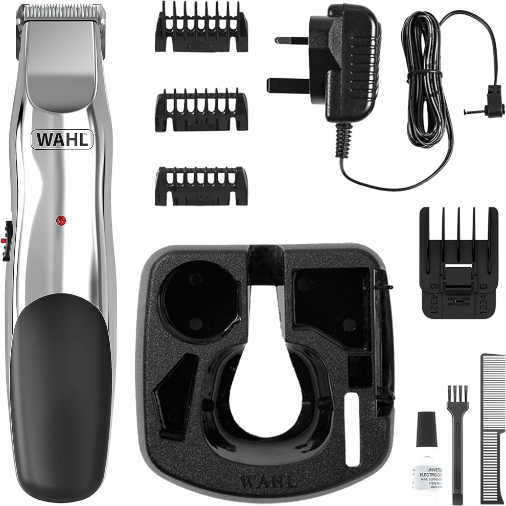 Wahl Groomsman Rechargeable Beard Trimmer Beard Trimmers Men Stubble Trimmer Male Grooming Set Cordless Beard Trimmer Beard Care Kit Silver